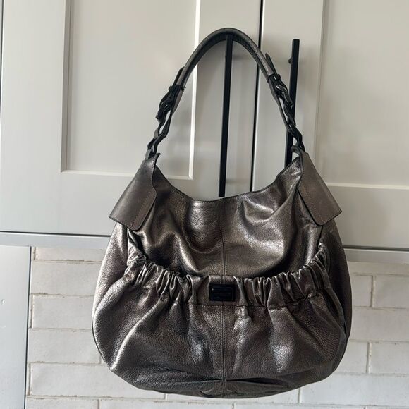 Burberry Warrior Metallic Pewter Leather Satchel Shoulder Handbag Hobo Ruched - Picture 1 of 16